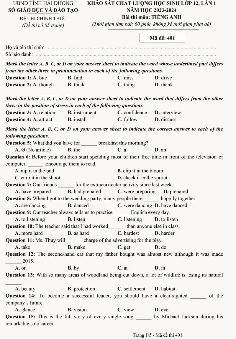 Đề thi thử tốt nghiệp THPT môn Tiếng Anh năm 2024 có đáp án - 11