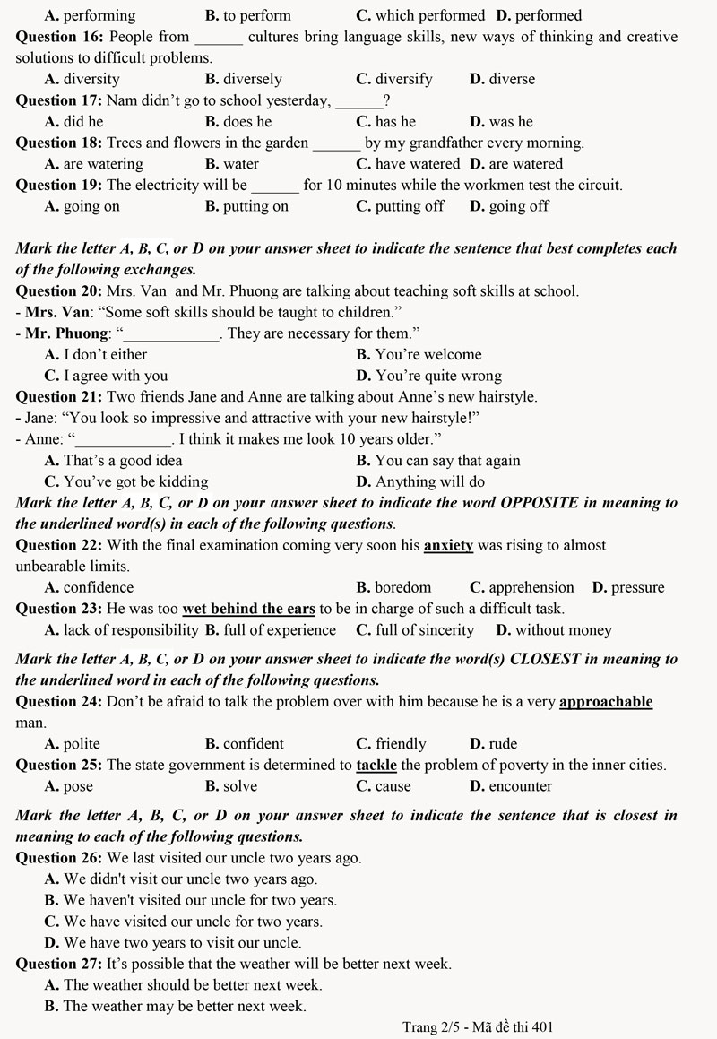 Đề thi thử tốt nghiệp THPT môn Tiếng Anh năm 2024 có đáp án - 12