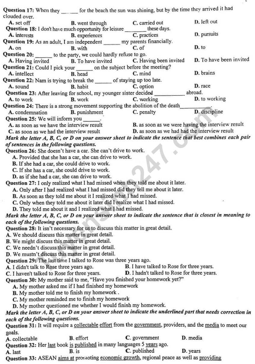 Đề thi thử tốt nghiệp THPT môn Tiếng Anh năm 2024 có đáp án - 8