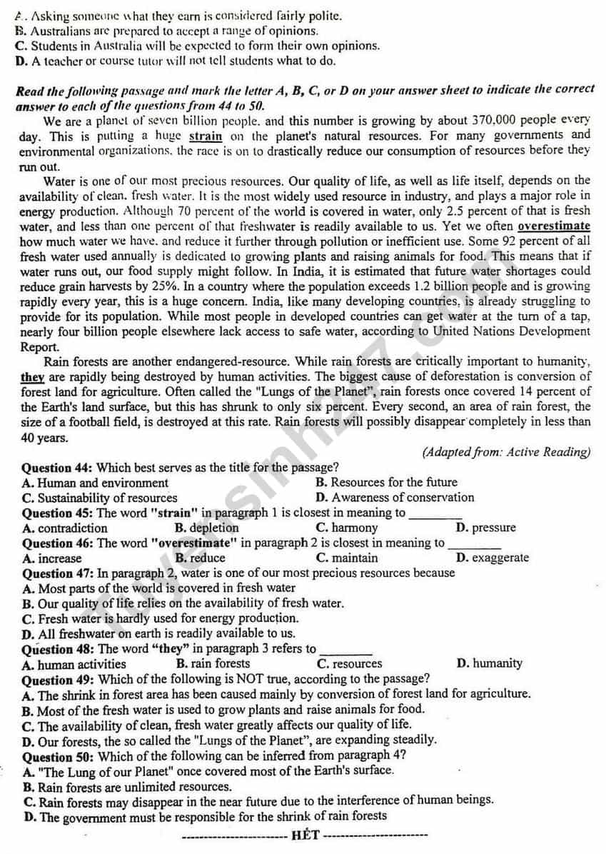 Đề thi thử tốt nghiệp THPT môn Tiếng Anh năm 2024 có đáp án - 10