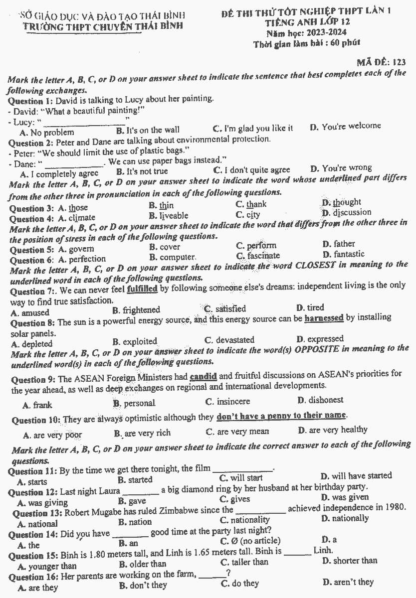 Đề thi thử tốt nghiệp THPT môn Tiếng Anh năm 2024 có đáp án - 7