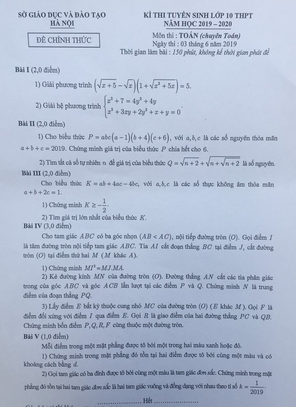 Đề thi môn Toán vào lớp 10 chuyên của Hà Nội năm 2019 - 1