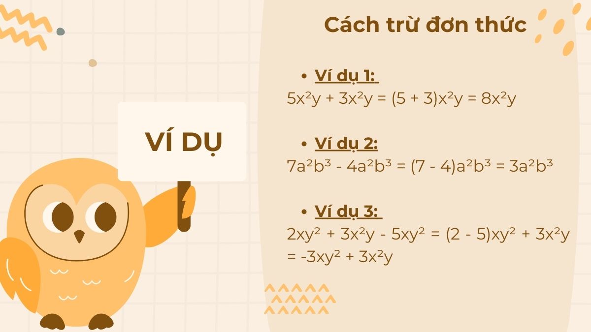 Ví dụ về cách trừ đơn thức cho đơn thức