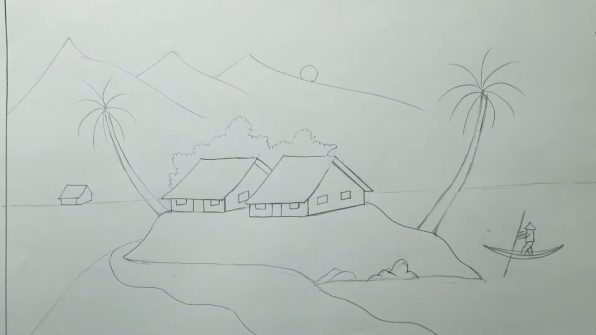 Hướng dẫn cách vẽ tranh quê hương đẹp bước 2