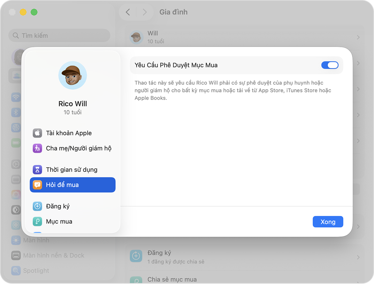 Sau khi chạm vào tên thành viên gia đình, mục Hỏi để mua sẽ được liệt kê trong thanh bên.