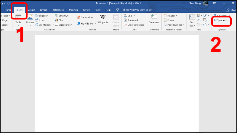 Mở Insert và chọn công cụ Symbol