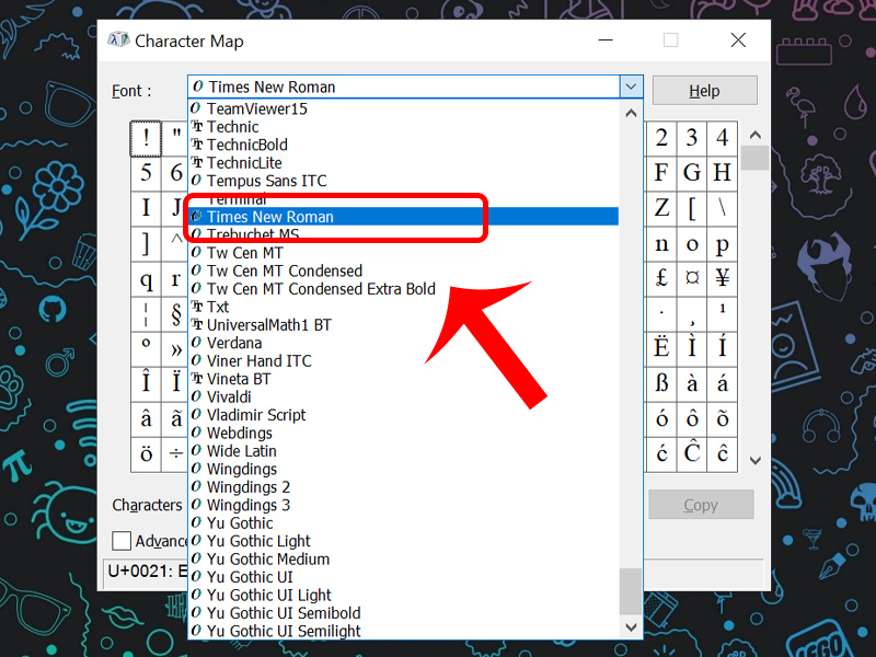 Chọn phông chữ trong bảng Character Map