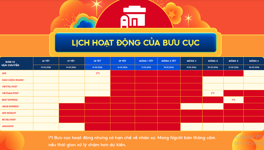 Lịch nghỉ tết bưu cục
