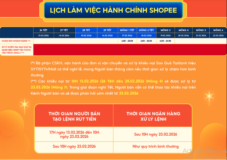 Lịch làm việc tết shoppe 2026