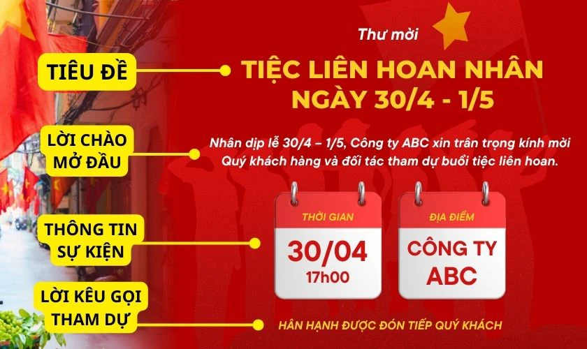 Mẫu mời tiệc liên hoan ngày lễ 30/4 1/5 cần có nội dung gì?