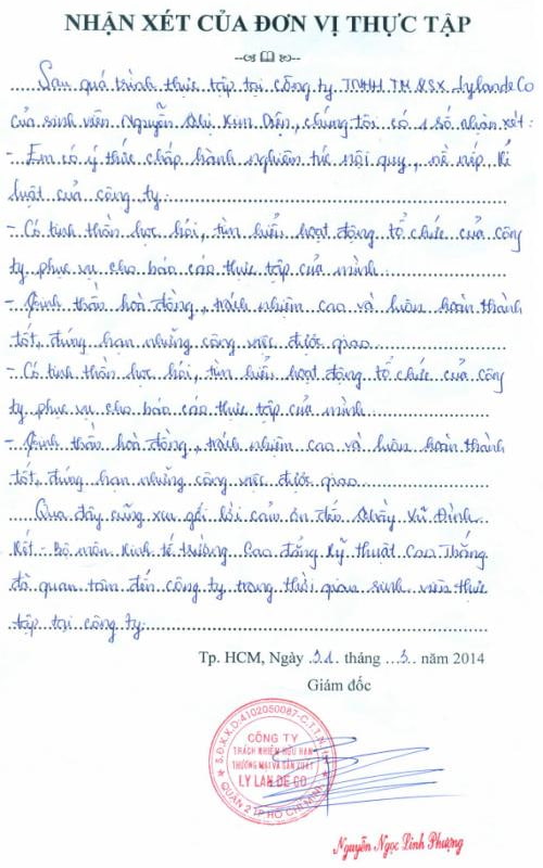 Phiếu nhận xét thực tập