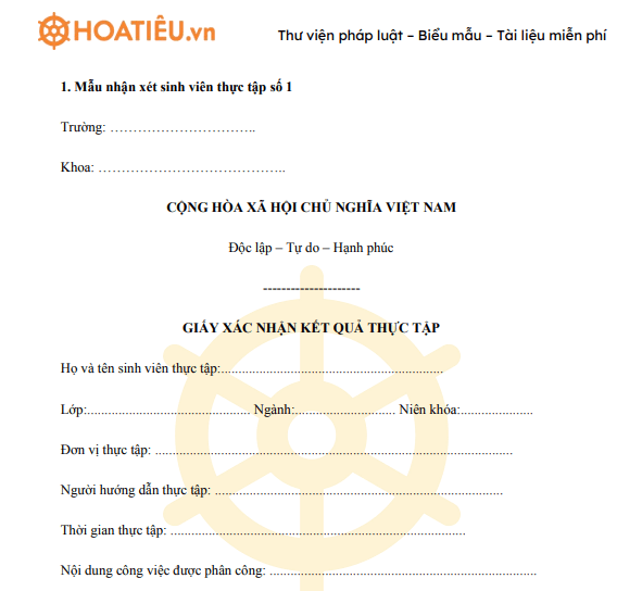 Mẫu nhận xét của đơn vị thực tập