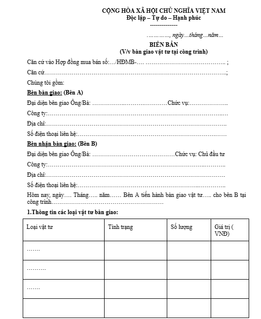 mẫu biên bản giao nhận hàng hóa phiếu xuất kho