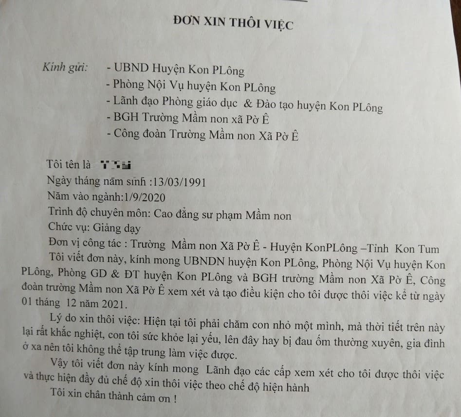 Đơn xin nghỉ việc của giáo viên tiểu học chuẩn