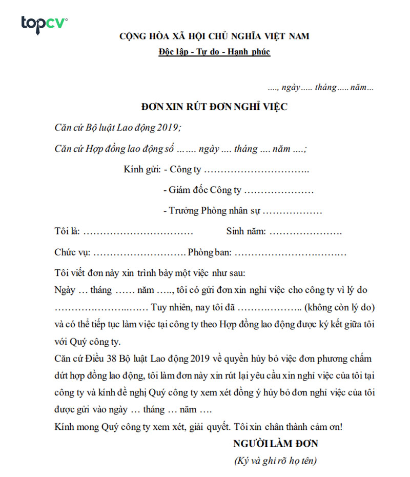 Mẫu đơn hủy đơn xin nghỉ việc