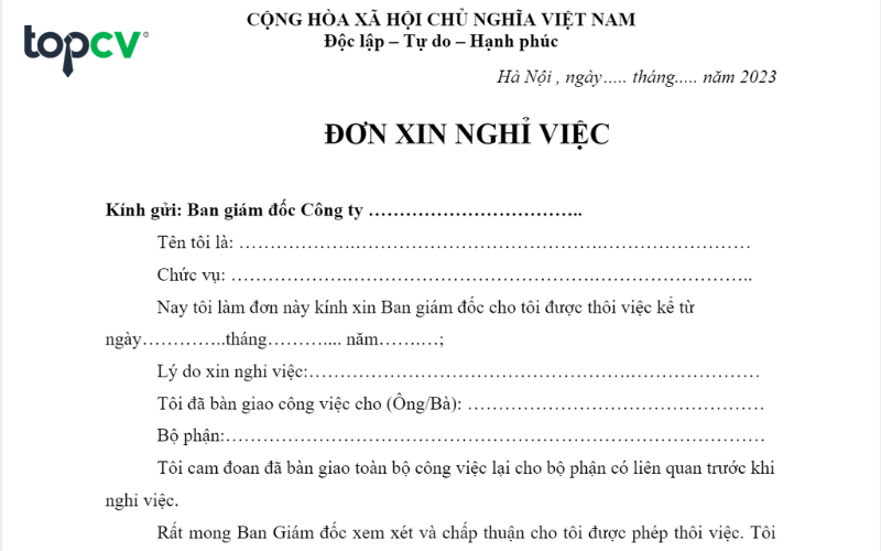 Mẫu đơn xin nghỉ việc ngắn gọn file word