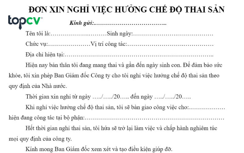 Mẫu đơn xin nghỉ việc hưởng chế độ thai sản