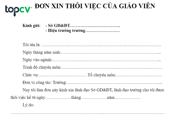 Mẫu đơn xin nghỉ việc của viên chức giáo viên