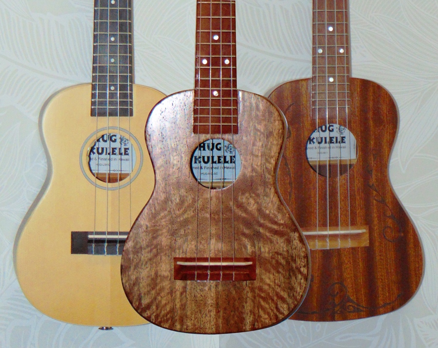 Spruce-top concert, solid mango super-concert, and solid mahogany tenor ukuleles from Hawaiian Ukulele & Guitar