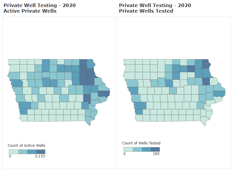 Bản đồ Iowa hiển thị 96.497 giếng tư nhân, trong đó chỉ có 6.310 giếng được kiểm tra thường xuyên vào năm 2020.