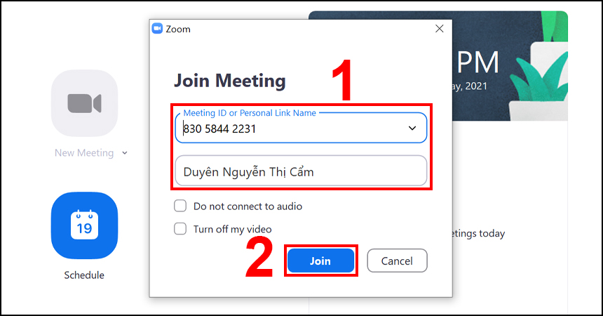 Nhập ID phòng hoặc liên kết URL, sau đó nhập tên truy cập và nhấn Join dể vào phòng