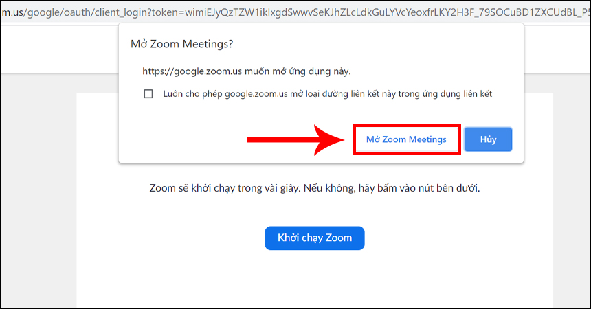 Chọn Mở Zoom Meetings để khởi chạy phần mềm Zoom