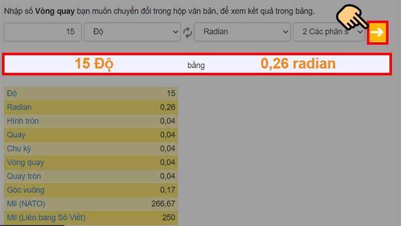 Bấm nút mũi tên và kết quả sẽ hiển thị ngay bên dưới