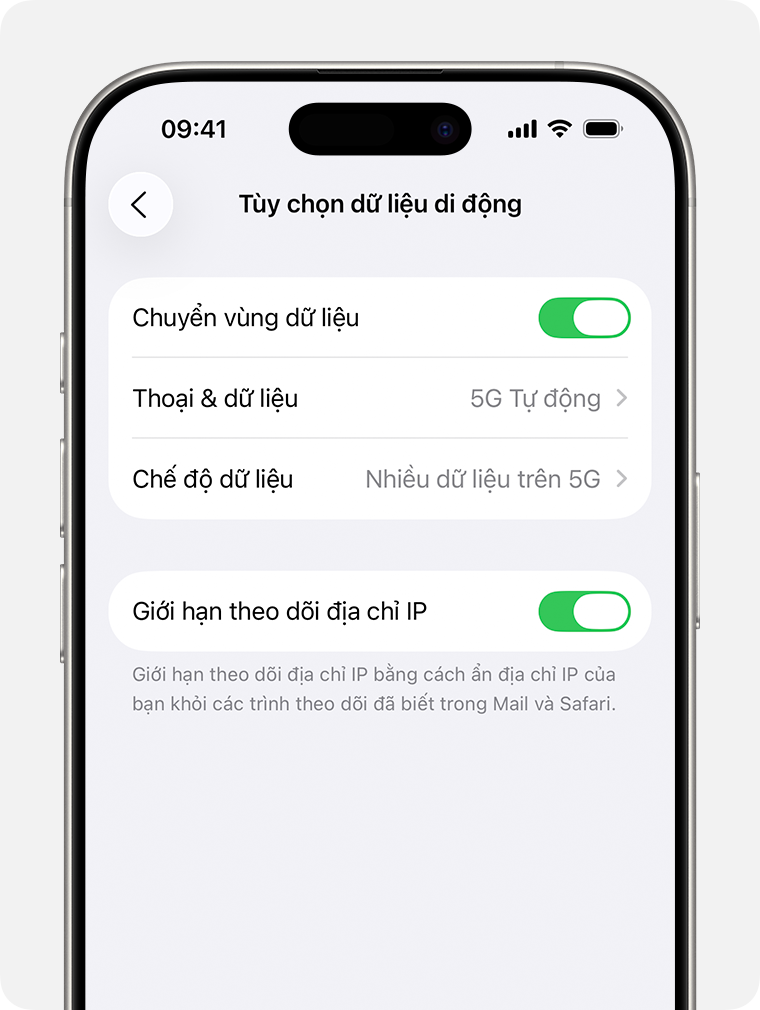 Ảnh chụp màn hình hiển thị Tùy chọn dữ liệu di động