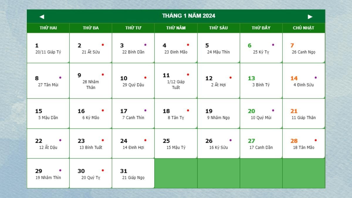 Tháng 1 có bao nhiêu ngày Dương lịch 2024