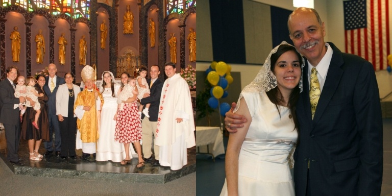 Với gia đình và ĐGM Diego Padron và Linh mục Juan Puigbo (trái) và ông bố của cô (phải) ngày 22 tháng 8 năm 2009.