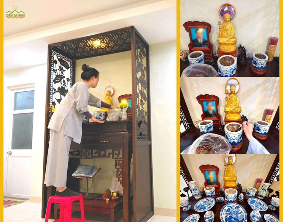 Chị Bích Ngà tỉa chân nhang giúp cho bàn thờ được sạch sẽ hơn