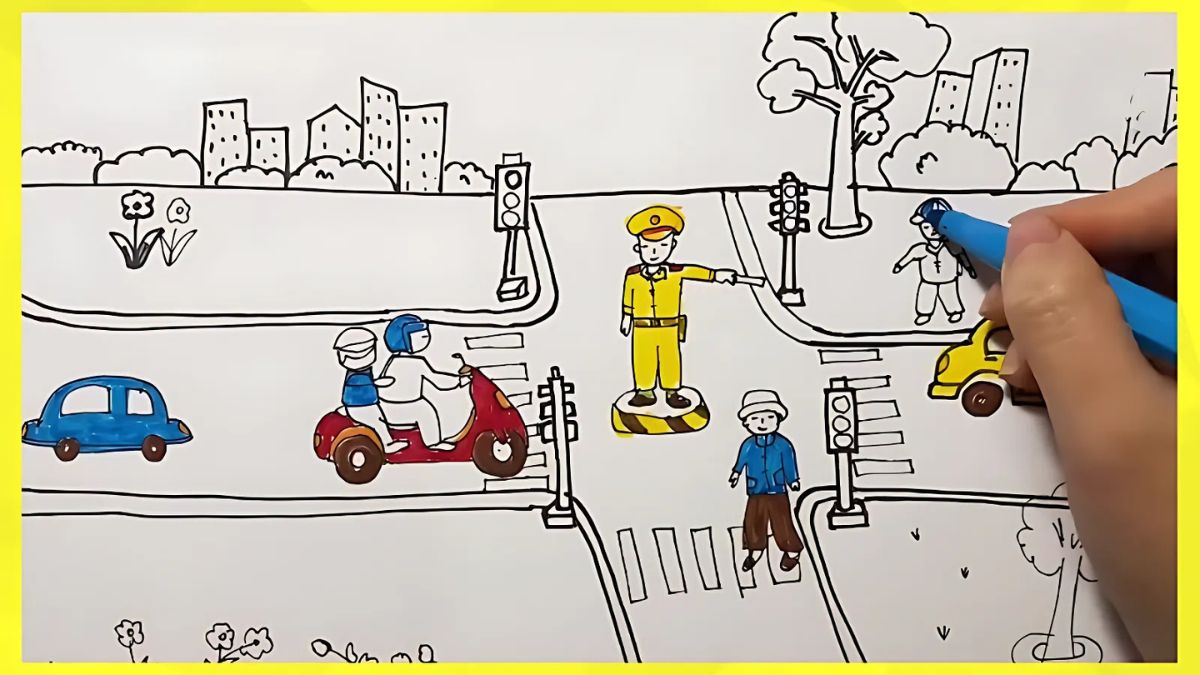 Cách vẽ tranh đề tài an toàn giao thông bước 5