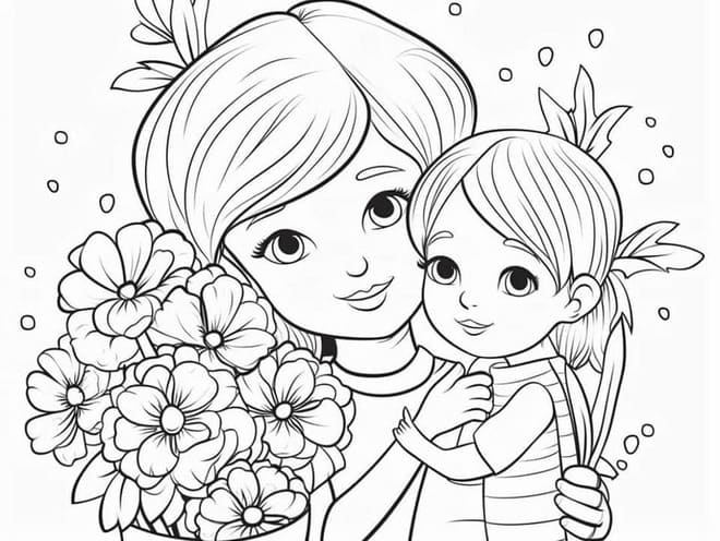 Tranh tô màu 8/3 bé tặng hoa cho mẹ