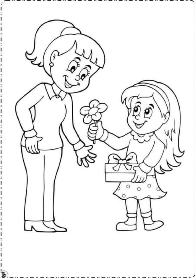 Mẫu tranh tô màu bé tặng hoa cho mẹ 8/3 siêu đáng yêu