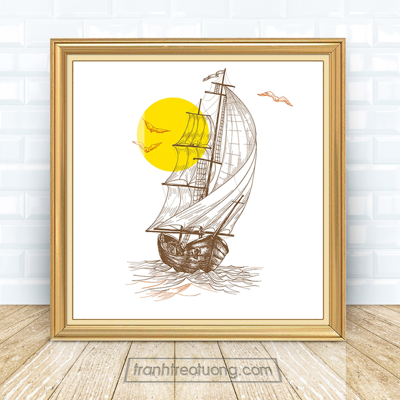 Mẫu tranh thuận buồm xuôi gió khổ vuông vẽ hình ảnh thuyền buồm và mặt trời tròn màu vàng