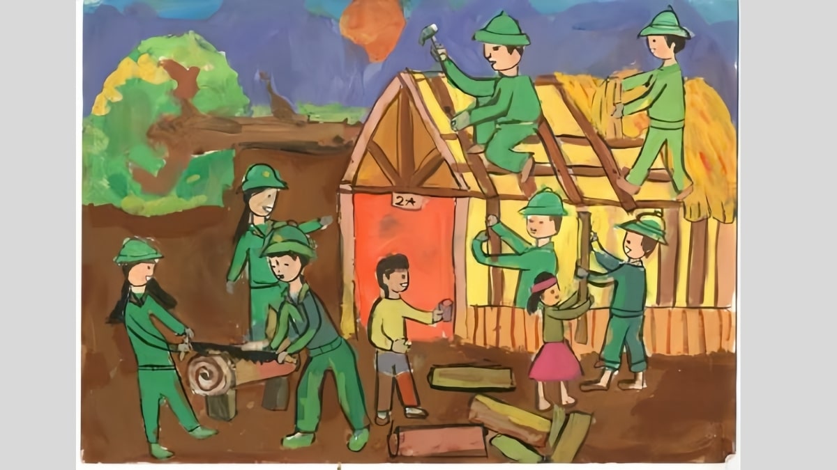 Tranh vẽ chú bộ đội giúp dân xây nhà lợp mái