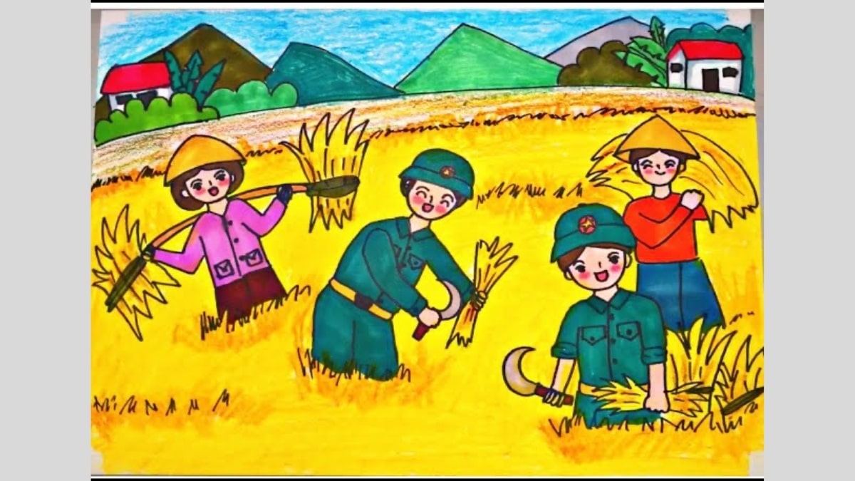 Tranh vẽ chú bộ đội cùng dân làng gặt lúa