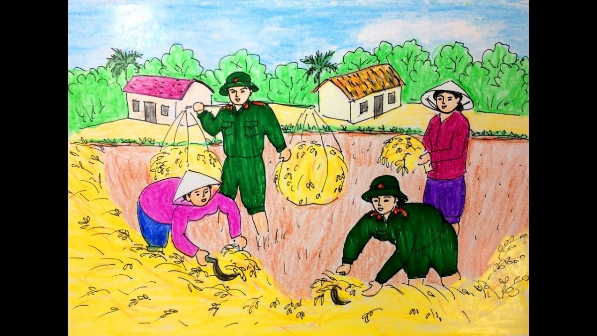 Tranh vẽ chú bộ đội giúp dân thu hoạch lúa về nhà