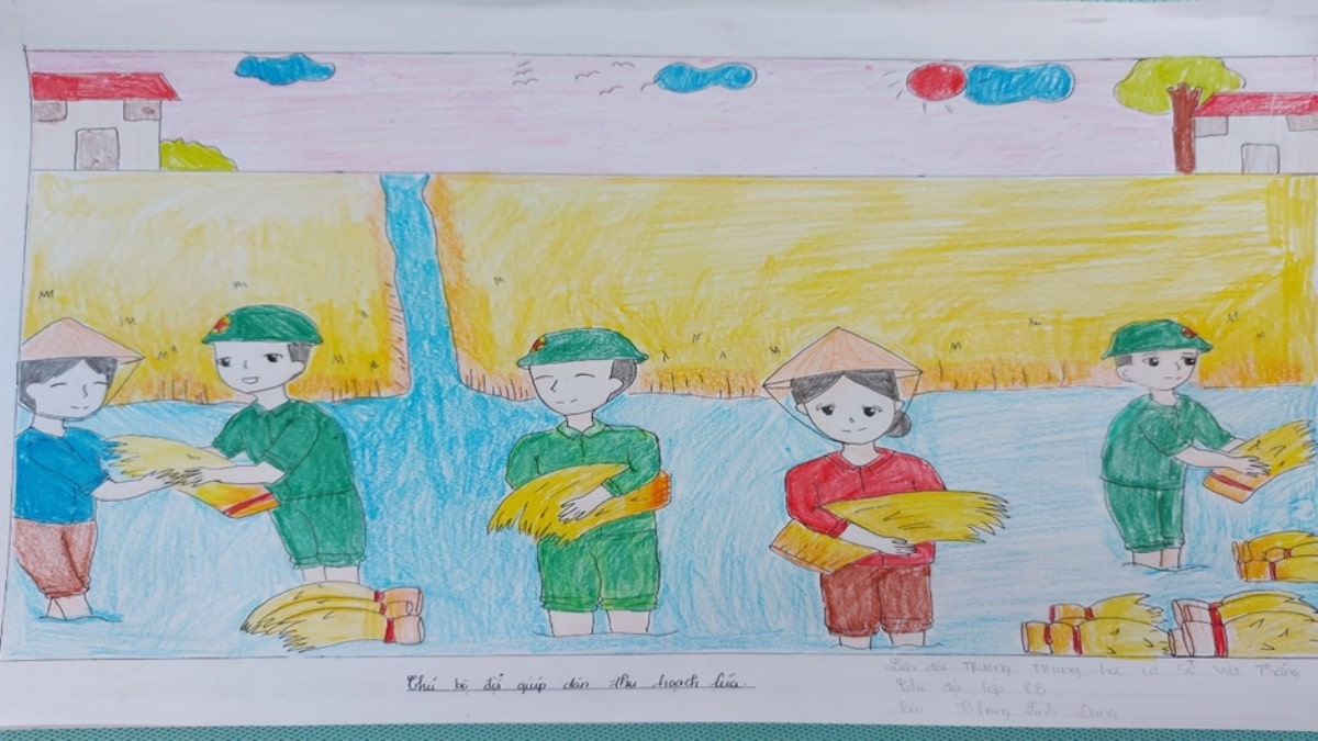 Tranh vẽ chú bộ đội đang giúp dân vận chuyển lúa