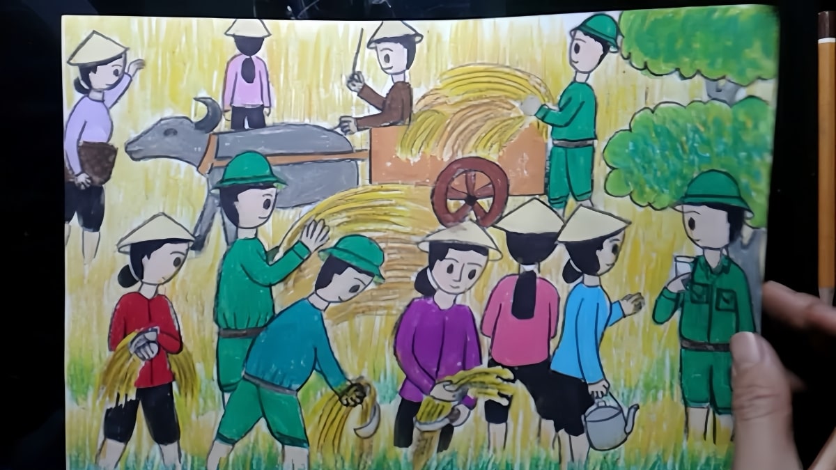Tranh vẽ chú bộ đội cùng người dân cấy lúa vui vẻ