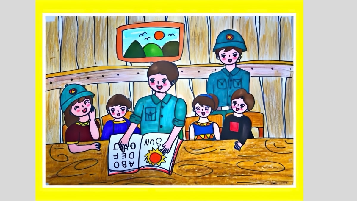 Tranh vẽ chú bộ đội dạy chữ cho người dân