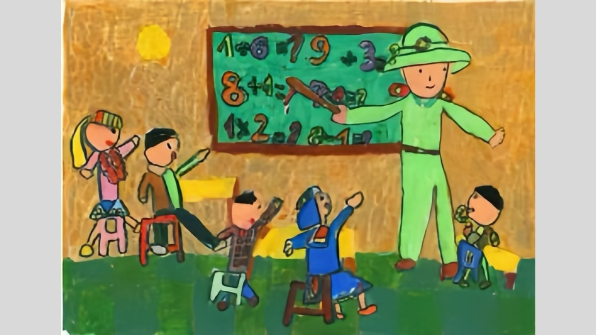 Tranh vẽ chú bộ đội dạy chữ cho các em nhỏ