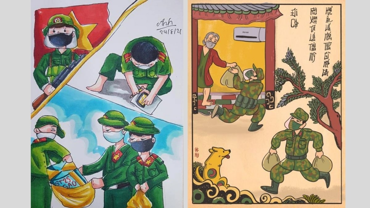 Tranh vẽ chú bộ đội cùng nhân dân vượt qua đại dịch