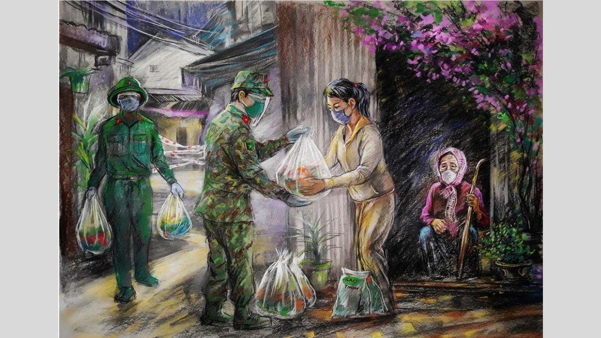 Tranh vẽ chú bộ đội phát đồ ăn cho người dân khi nạn dịch xảy ra