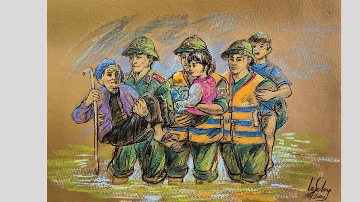 Tranh vẽ chú bộ đội cùng nhau giúp đỡ người dân