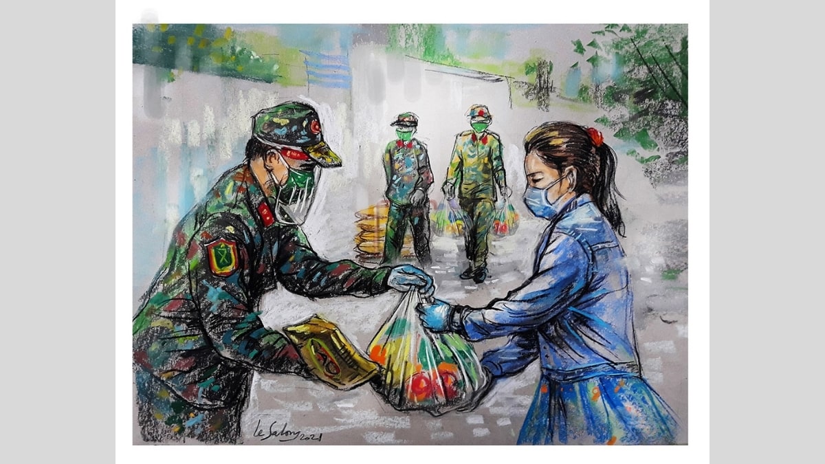 Tranh vẽ chú bộ đội trao tận tay cho người dân những phần ăn