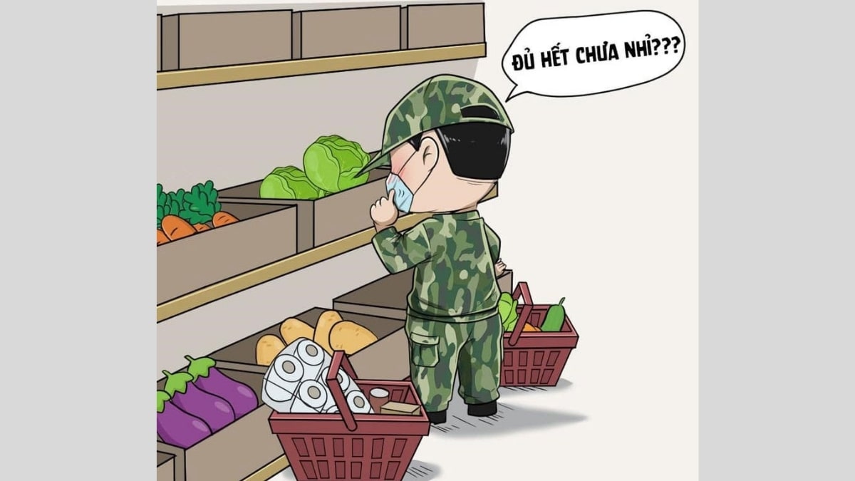 Tranh vẽ chú bộ đội vận chuyển lương thực đến tay người dân