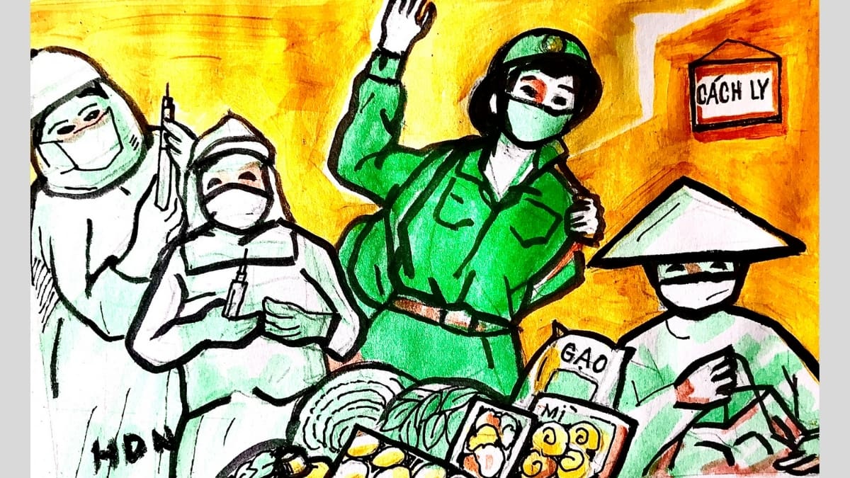 Tranh vẽ chú bộ đội cùng dân chống dịch covid -19