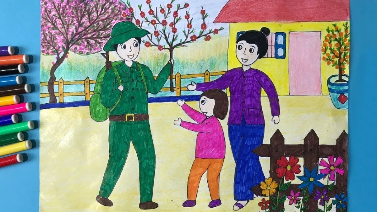 Tranh vẽ chú bộ đội cùng dân đón năm mới