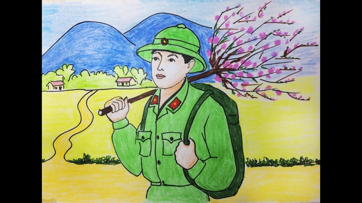 Tranh vẽ chú bộ đội trên đường về nhà đón Tết